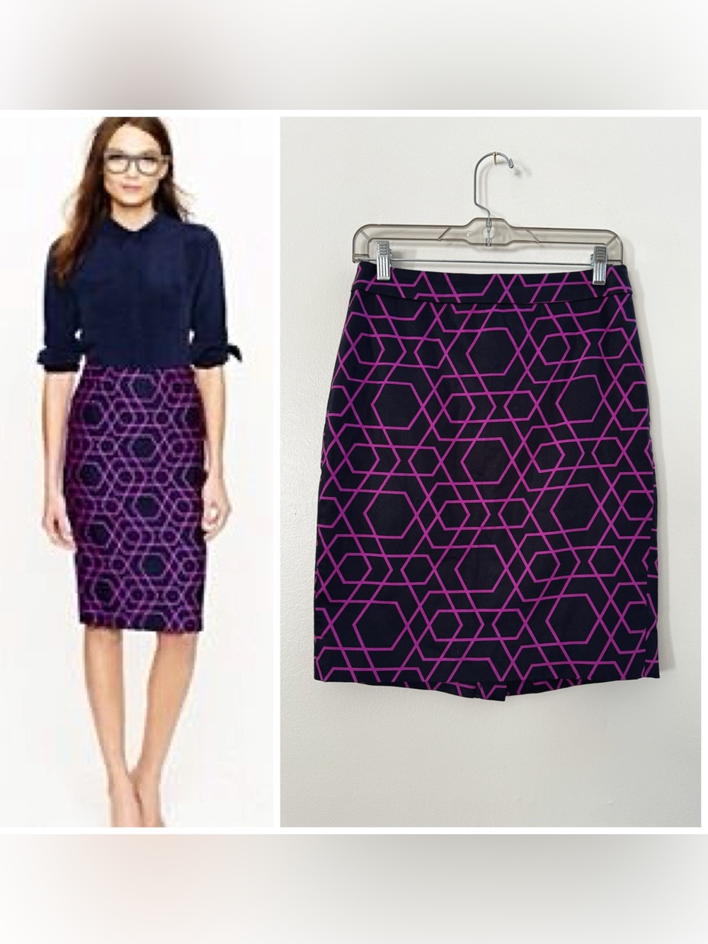 J Crew Pencil Skirt Navy Blue Magenta Pink Geometric Pattern NWT Size 2